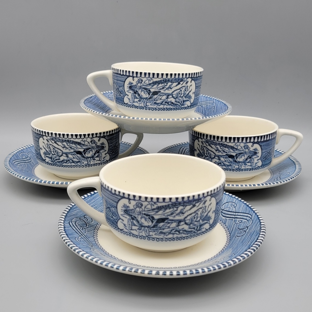 Currier & Ives Blue by Royal Cups and Saucers Vintage Blue and White China Retro